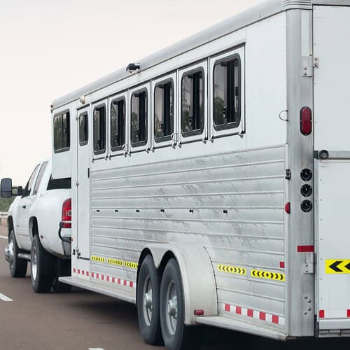 a white horse trailer with black and yellow stripes